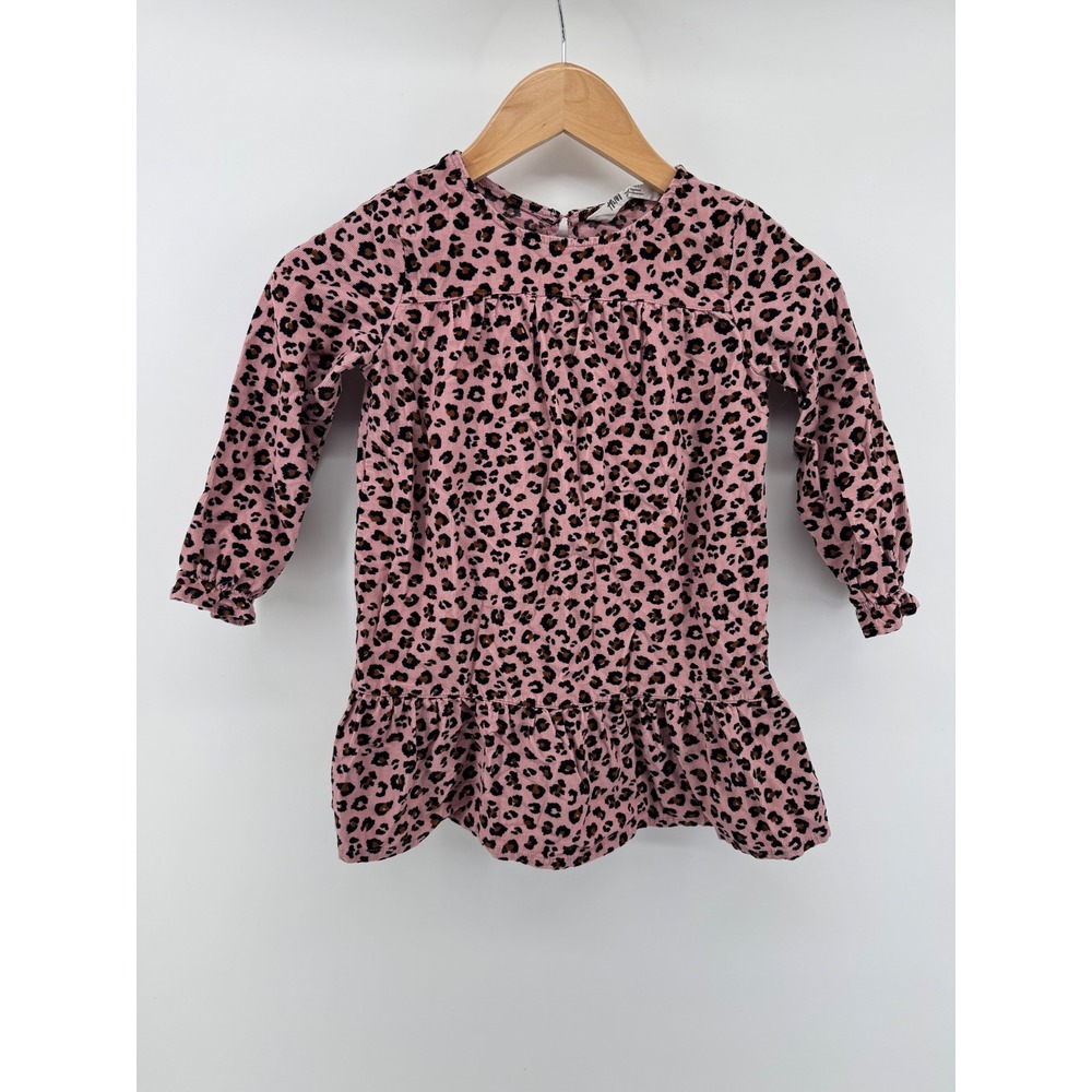 H&M Corduroy Dress Leopard Print Animal Pink Ruffle Kids 4-5Y